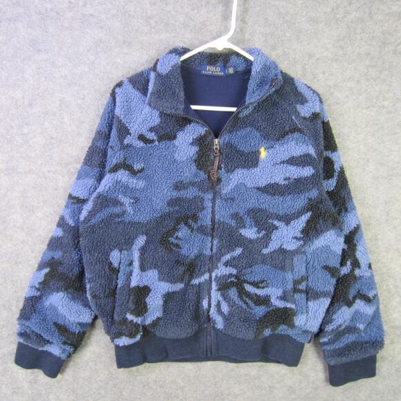 Polo Ralph Lauren Sherpa Fleece Jacket Mens Small Blue Camo Full Zip Winter Warm - Picture 1 of 8